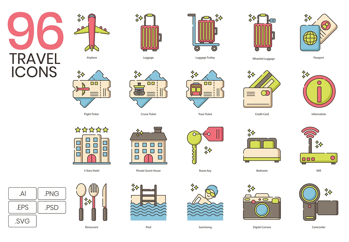 96 Travel Icons | Hazel Series