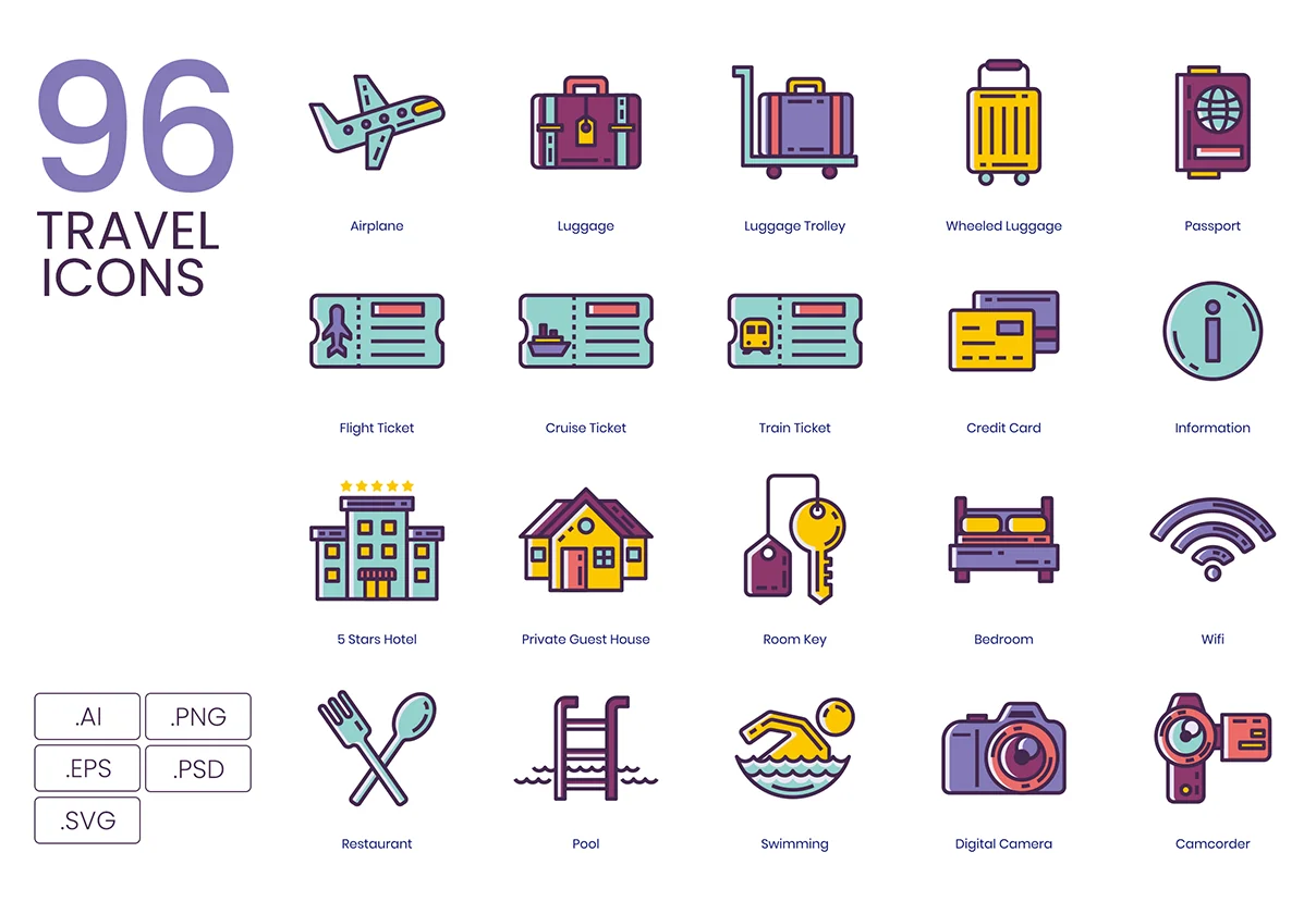 96 Travel Icons | Lilac Series