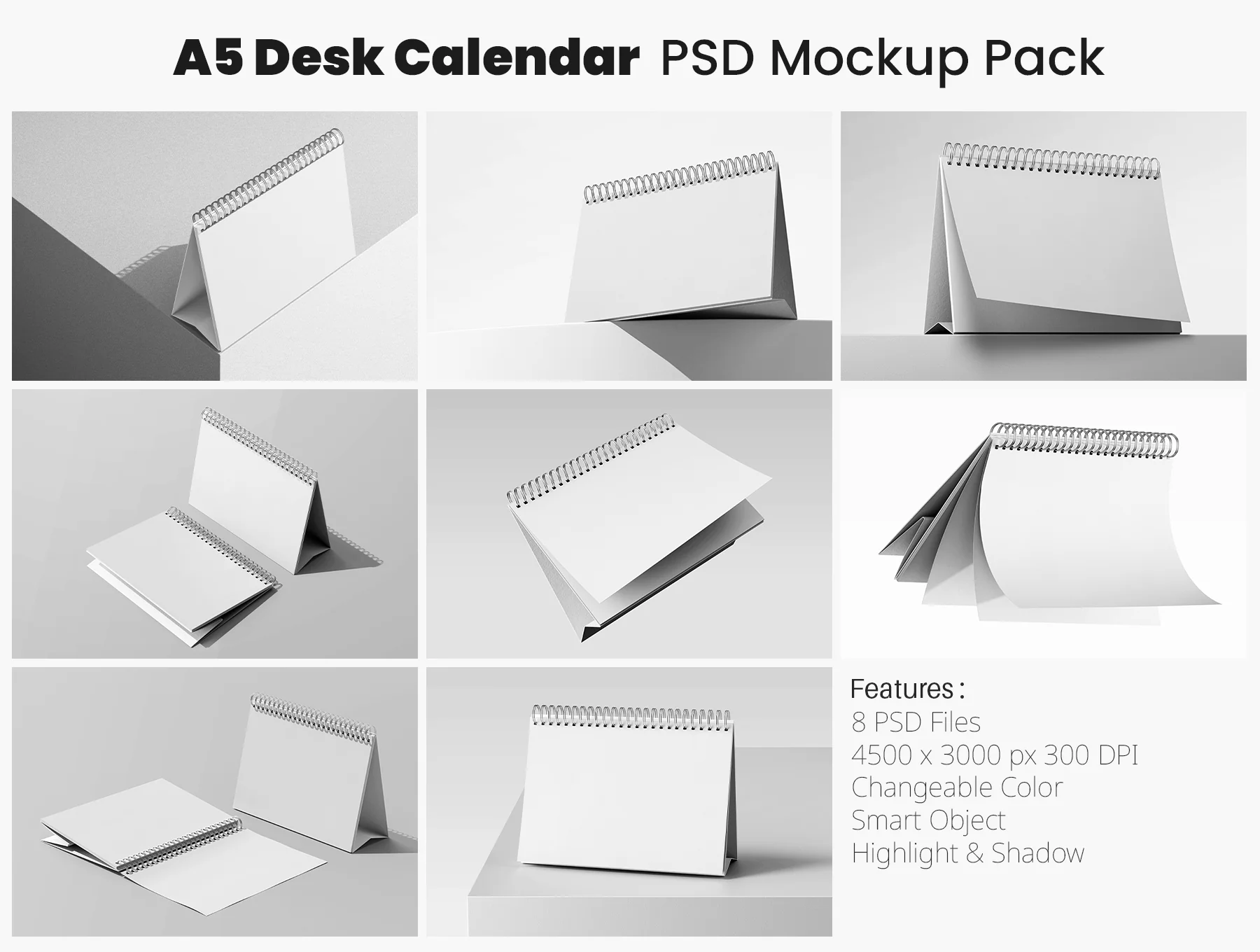 A5 Landscape Desk Calendar PSD Mockup Set 2