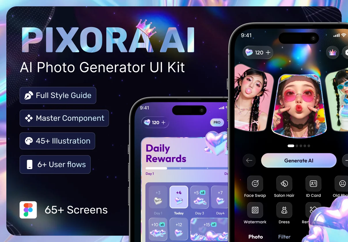 AI Photo Editor & Image Generator Mobile App UI Kit - Pixora AI