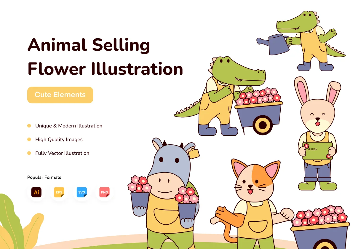 Animal Selling Flowers Illustration