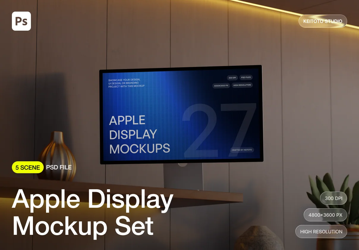 Apple Display Mockup Ambient Wood Office PSD Scenes