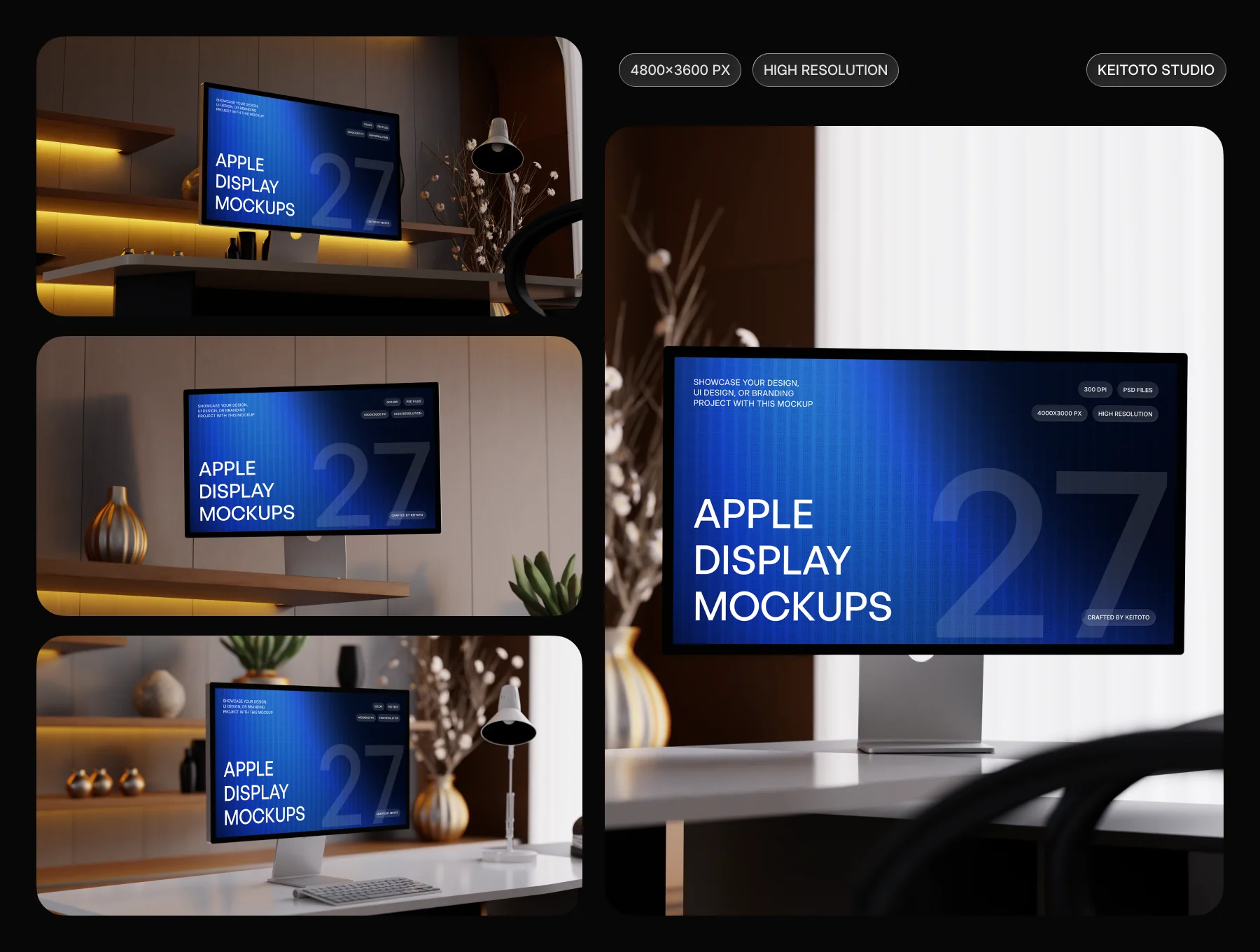 Apple Display Mockup Ambient Wood Office PSD Scenes