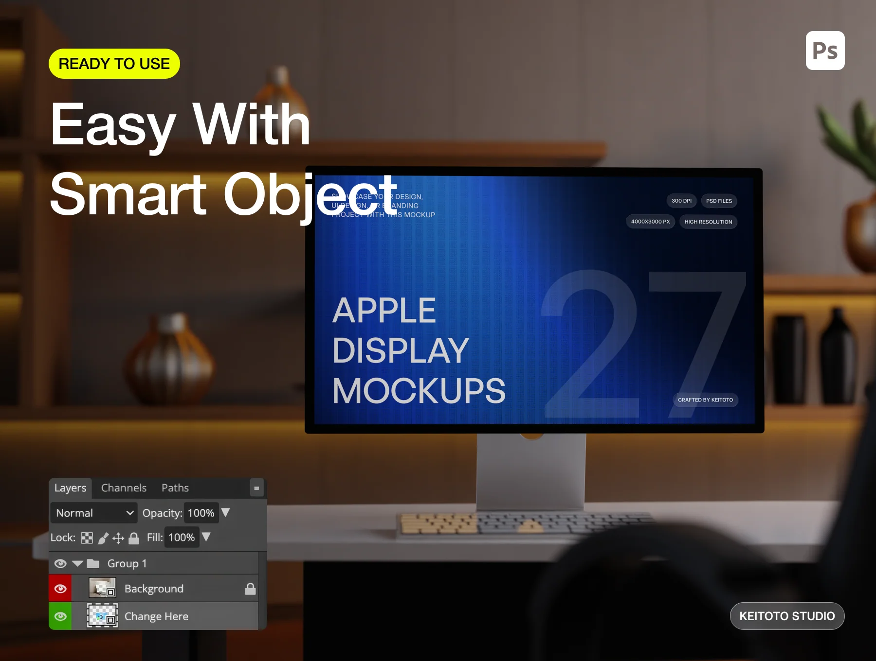 Apple Display Mockup Ambient Wood Office PSD Scenes 3