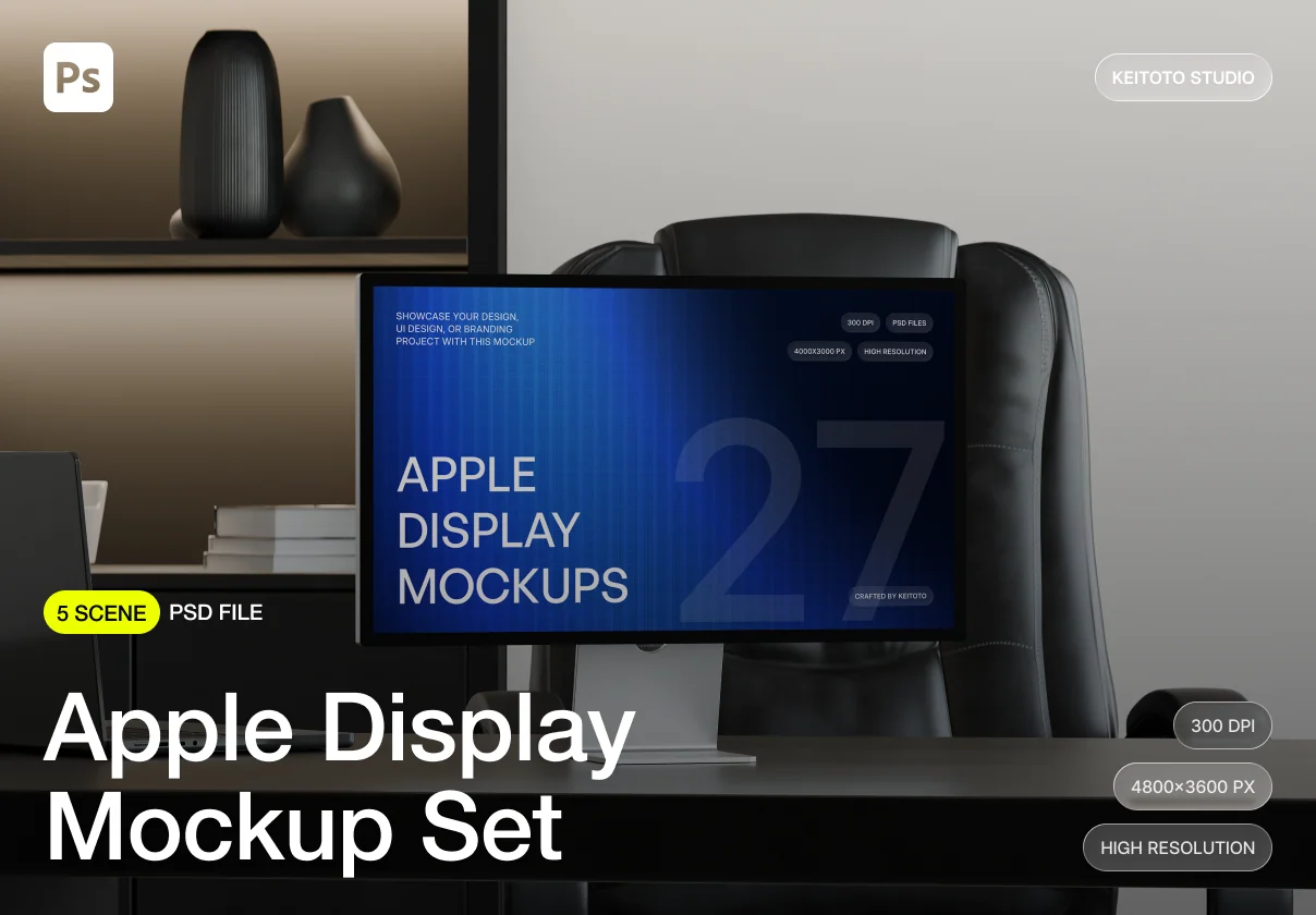 Apple Display Mockup Executive Office Workspace PSD