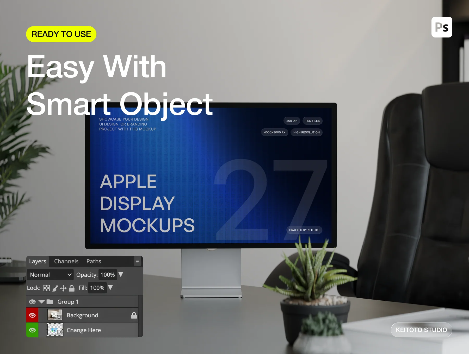 Apple Display Mockup Executive Office Workspace PSD 3