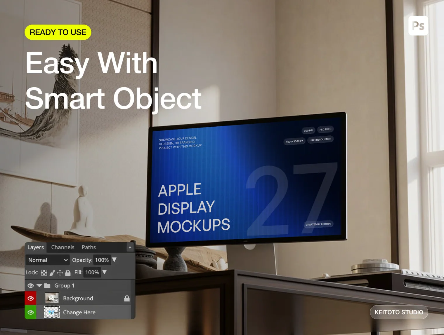 Apple Display Mockup High End Office Desk PSD 3