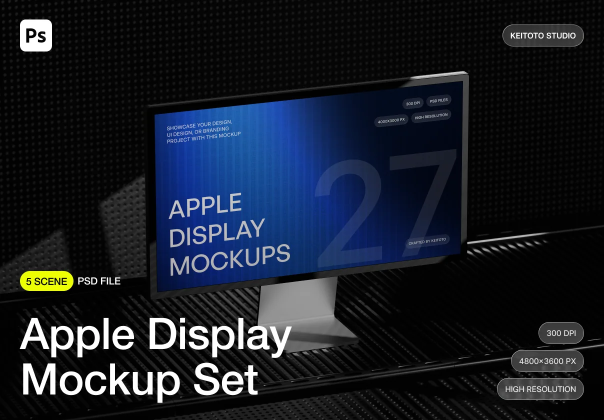 Apple Studio Display Mockup Perforated Metal PSD Scenes
