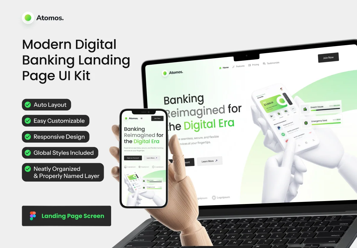 Atomos - Modern Digital Banking Landing Page UI Kit