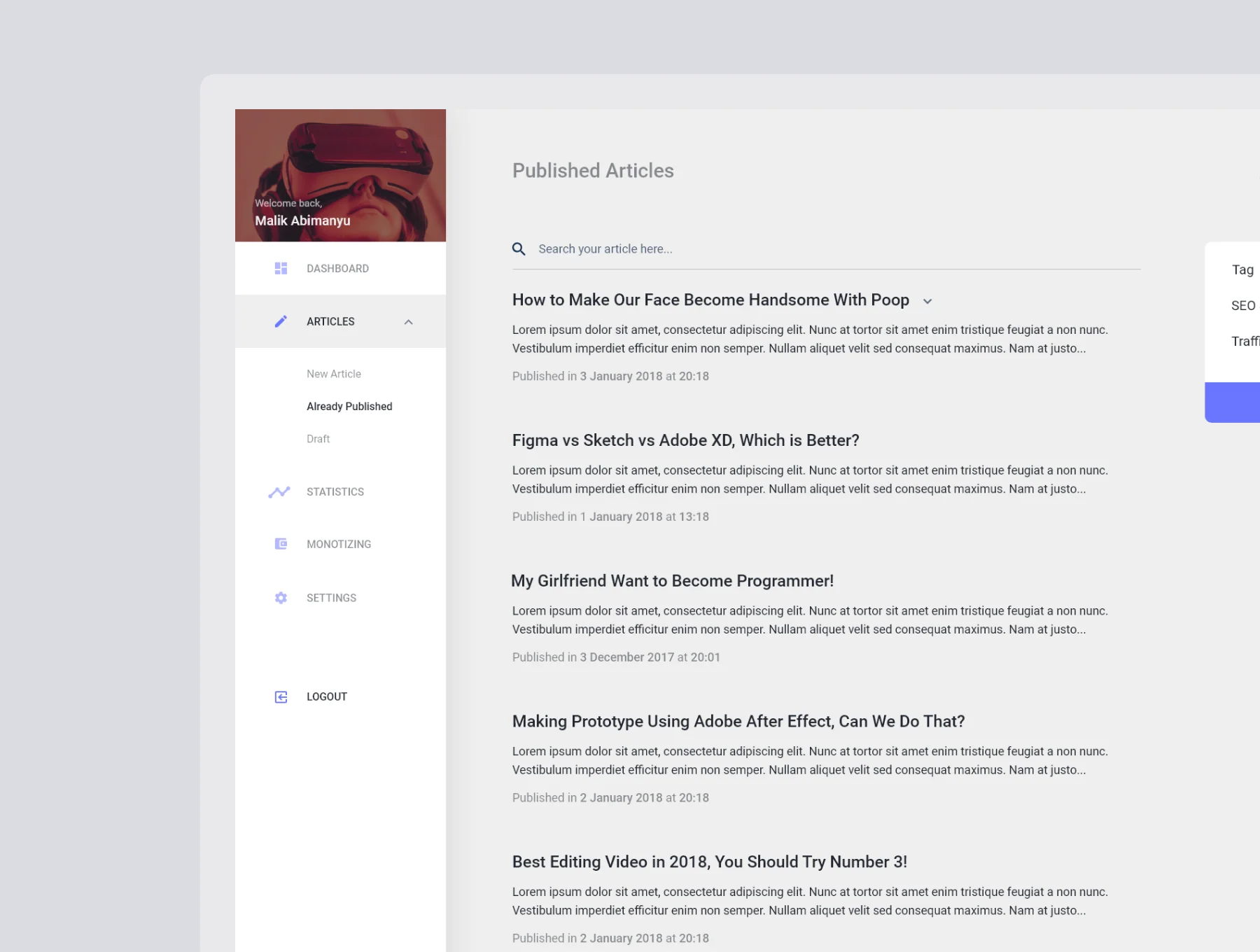 Blogger Dashboard UI Kit 2