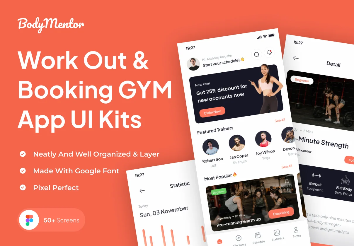 BodyMentor - Workout & Booking GYM Mobile  App UI Kits