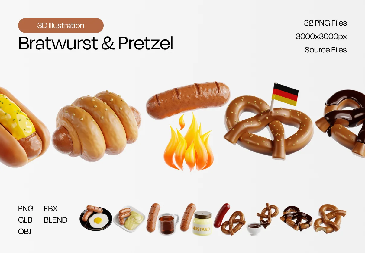 Bratwurst & Pretzel 3D Icon Set