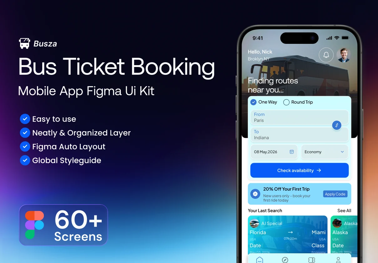 Busza-Bus Ticket Booking Mobile App Figma Ui Kit