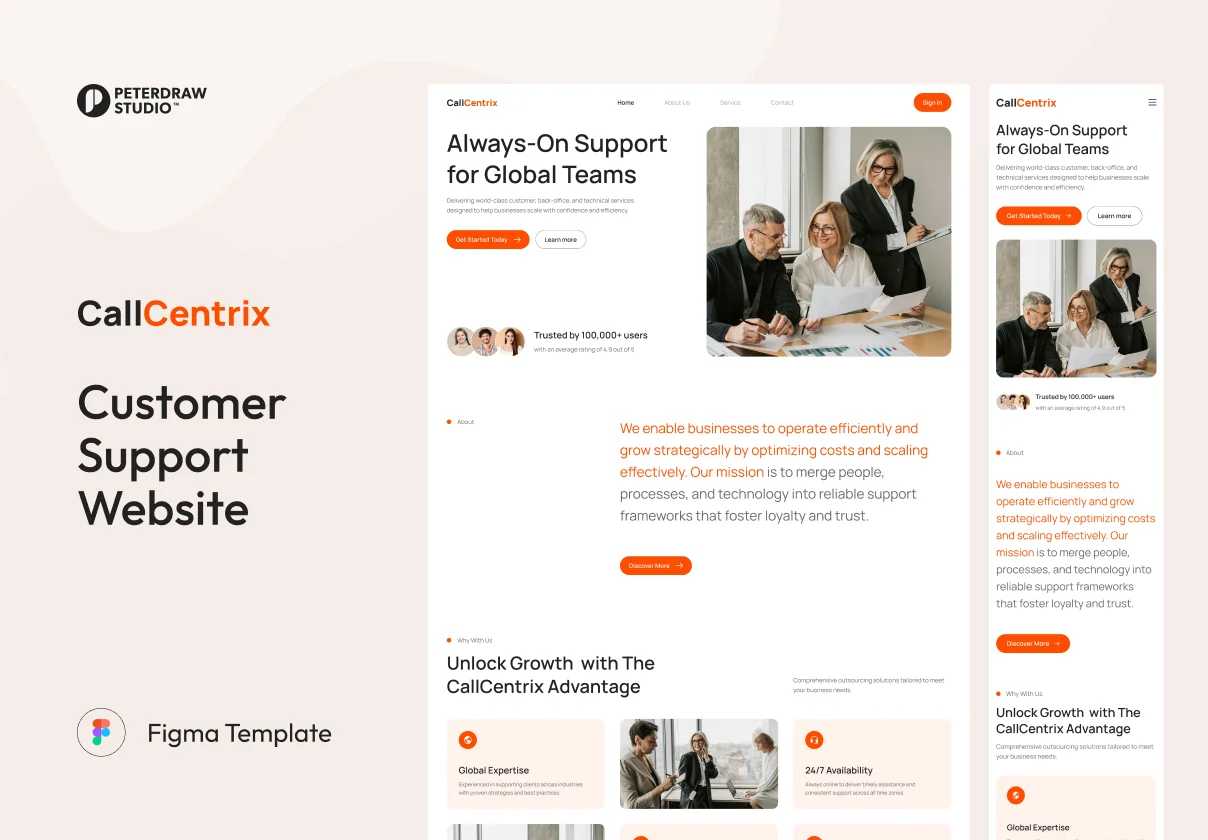 CallCentrix – Customer Support Website UI Figma Template