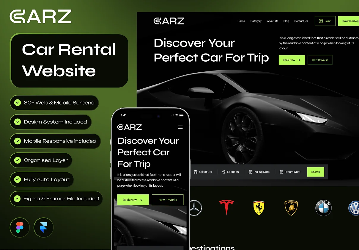 CARZ - Car Rental Website Framer Template