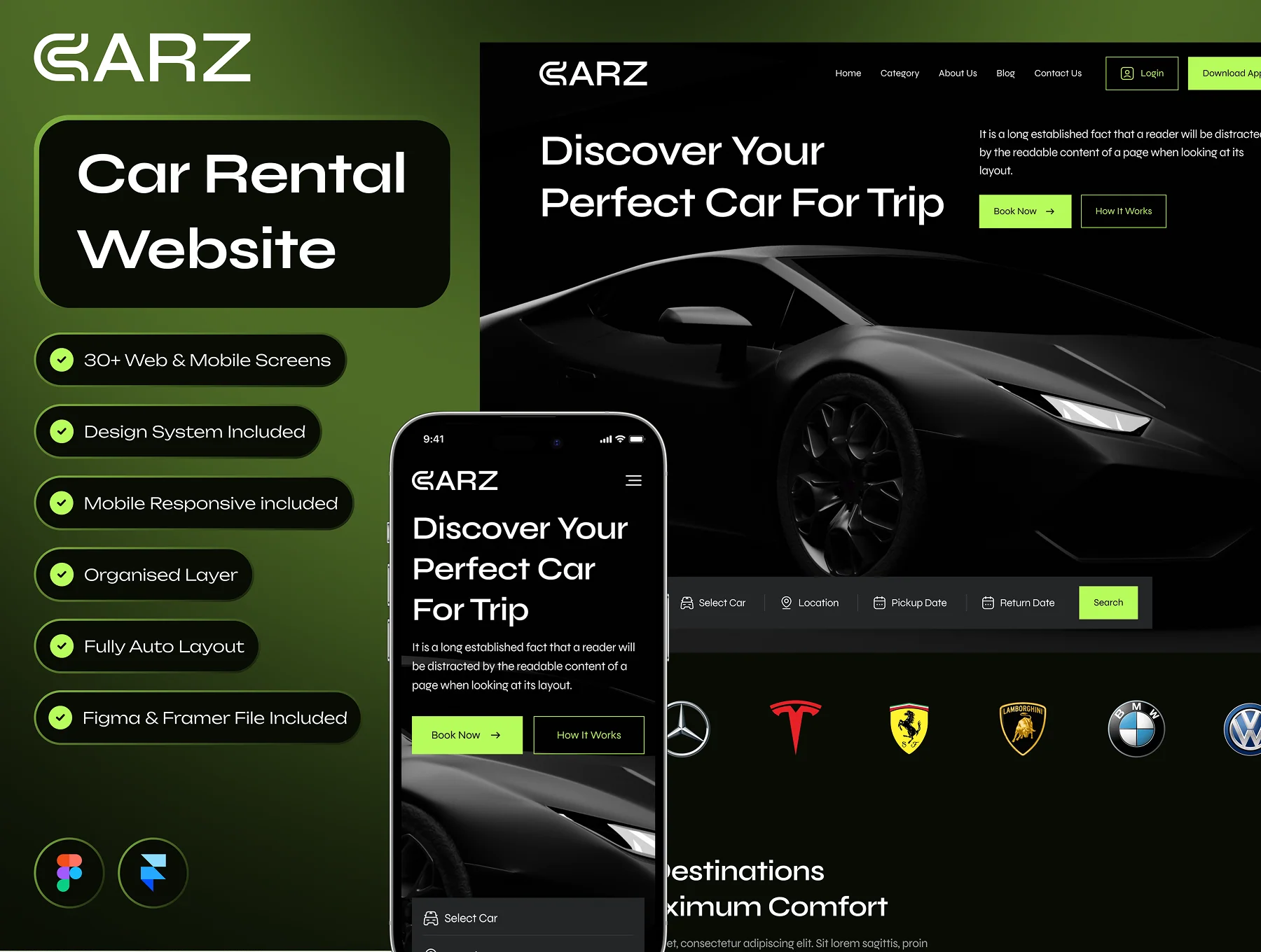 CARZ - Car Rental Website Framer Template