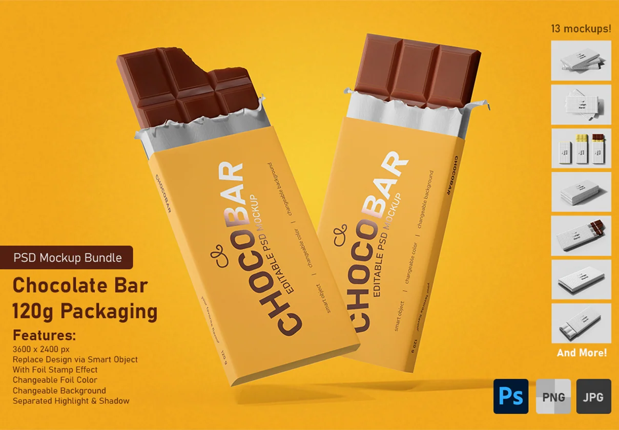 Chocolate Candy Bar Packaging PSD Mockup Set