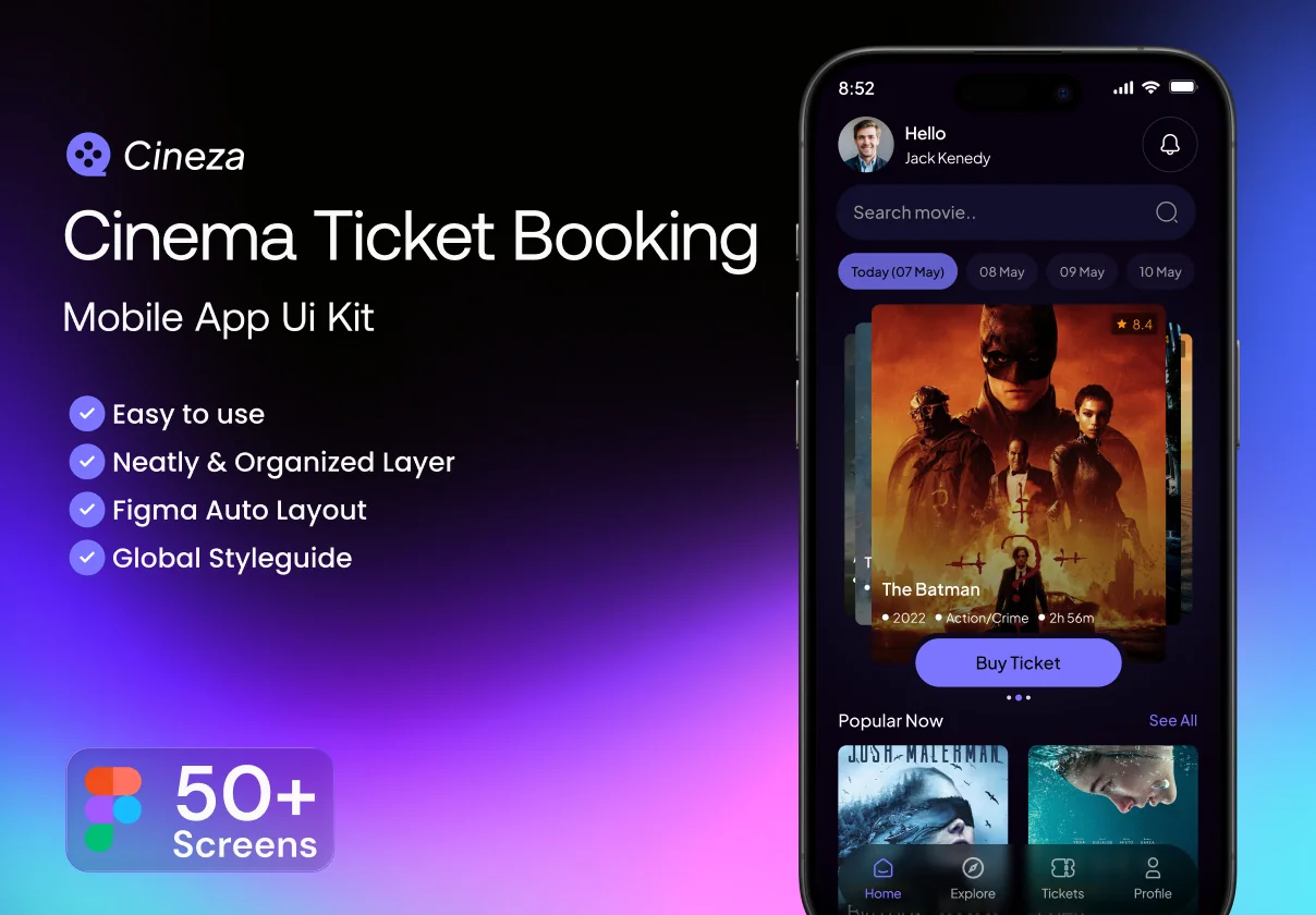 Cineza-Cinema Ticket Booking Mobile App Figma Ui Kit