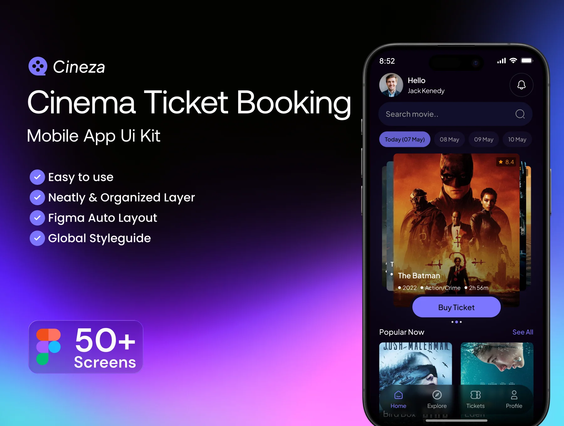 Cineza-Cinema Ticket Booking Mobile App Figma Ui Kit