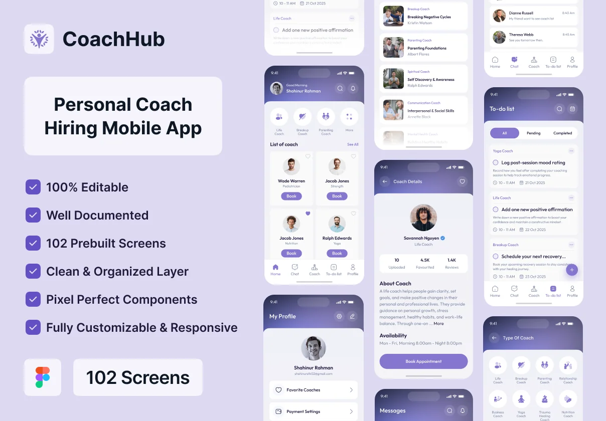 CoachHub – Personal Coach Hiring Mobile App UI Design (User Part)
