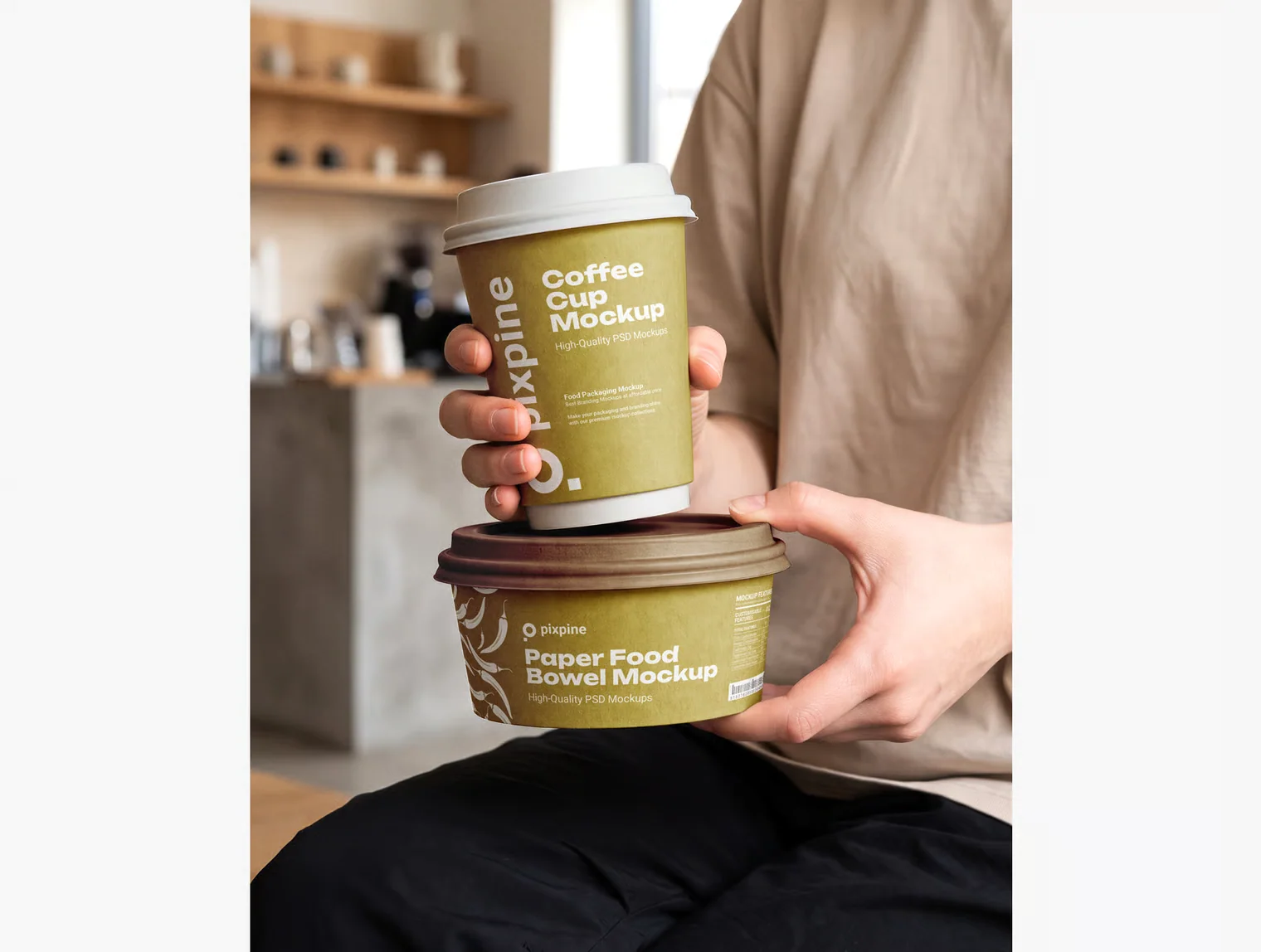 Coffee Cup and Paper Bowl in Hands Mockup