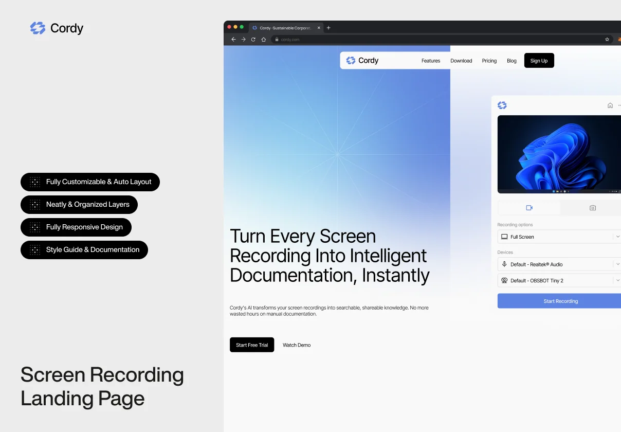 Cordy - Screen Recording Landing Page