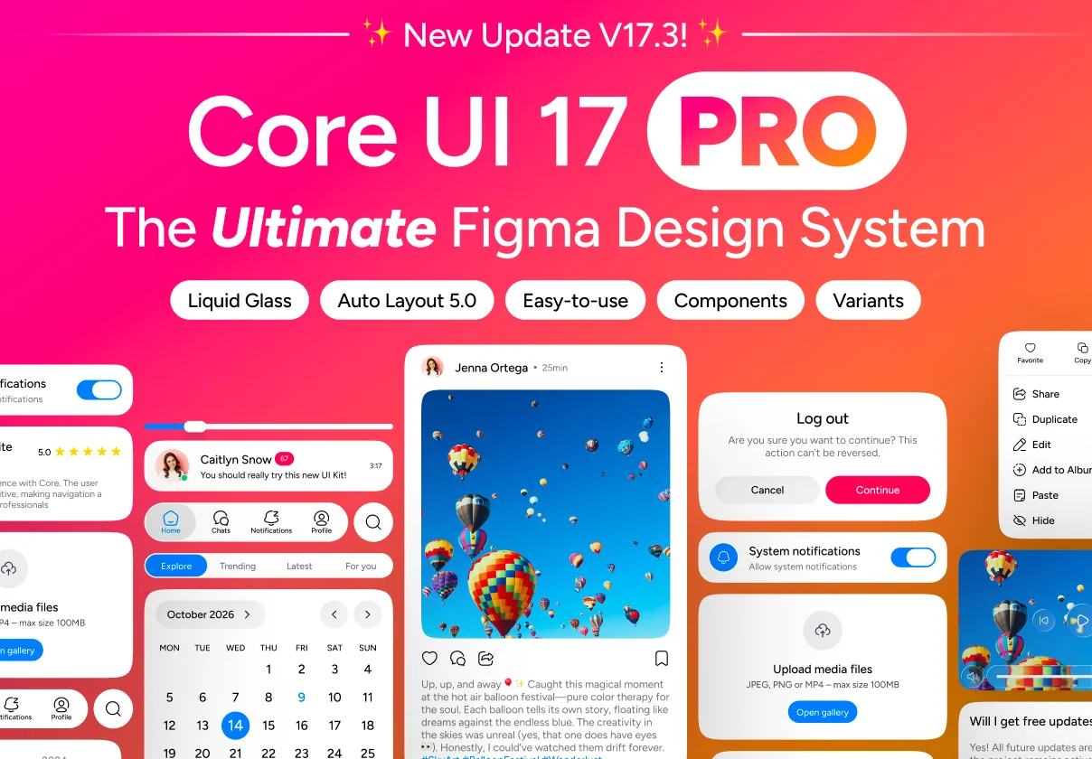 Core UI 17 Pro | iPhone 17 Pro Mobile UI Kit Design System with Liquid Glass