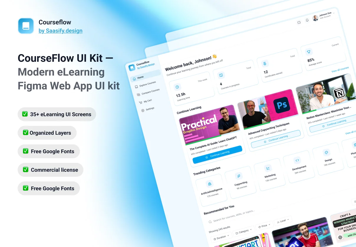 CourseFlow UI Kit — Modern eLearning Web App Design