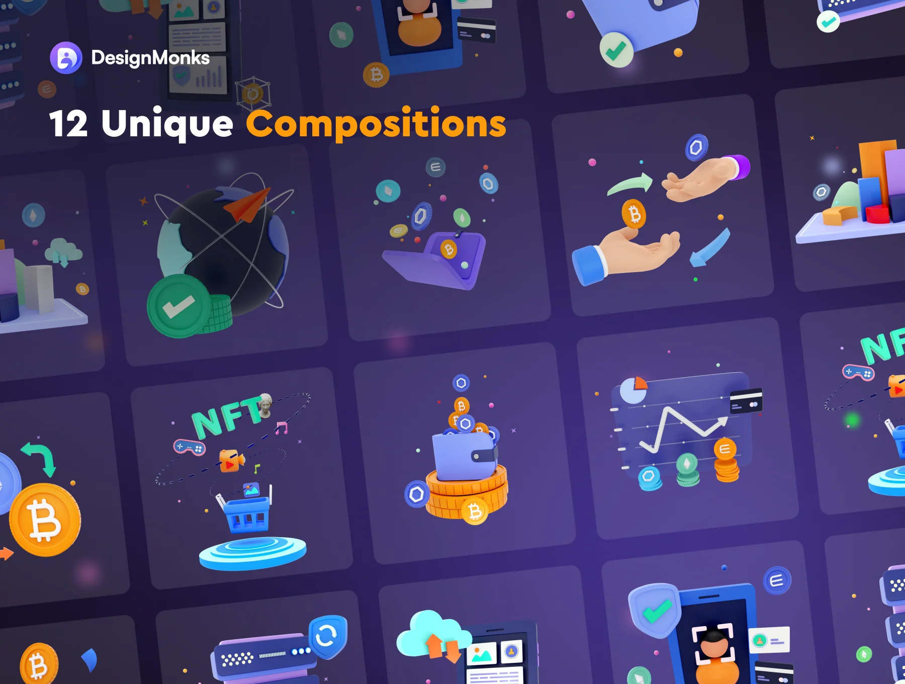 Crypto Currency 3D compositions and icon set 3
