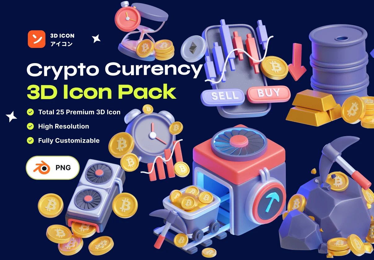 Crypto Currency & Blockchain 3D Icon Pack