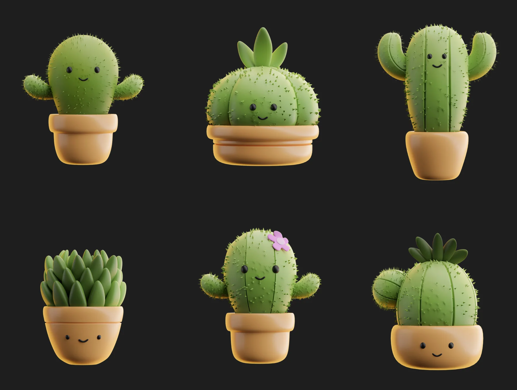 Cute cacti 3d illustrations 3