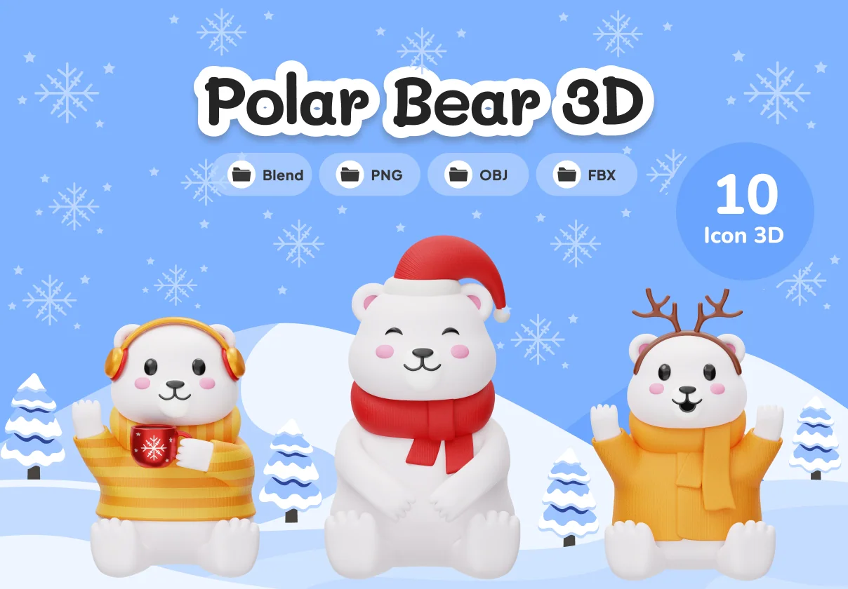 Cute Polar Bear Winter Christmas 3D Illustration Set