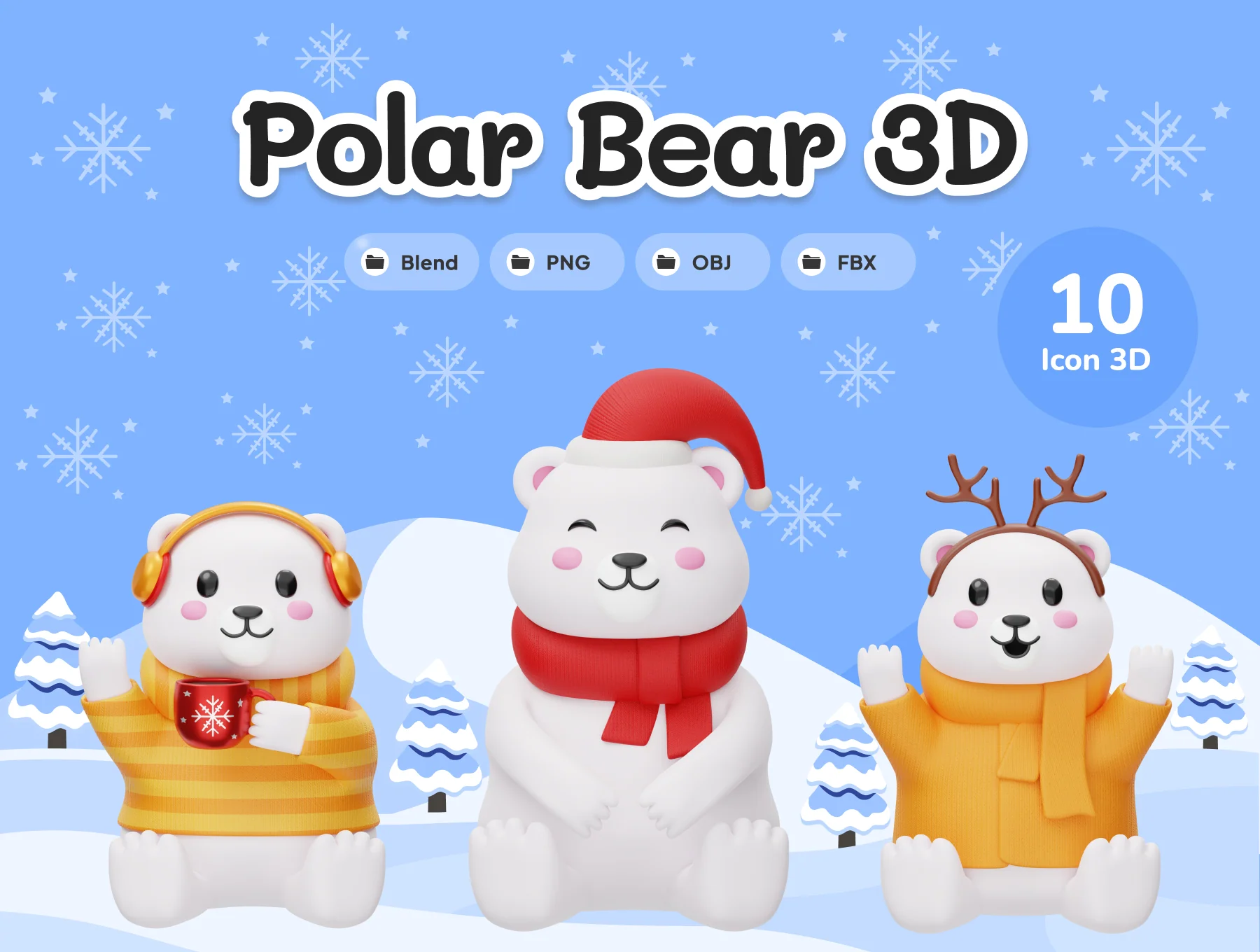 Cute Polar Bear Winter Christmas 3D Illustration Set