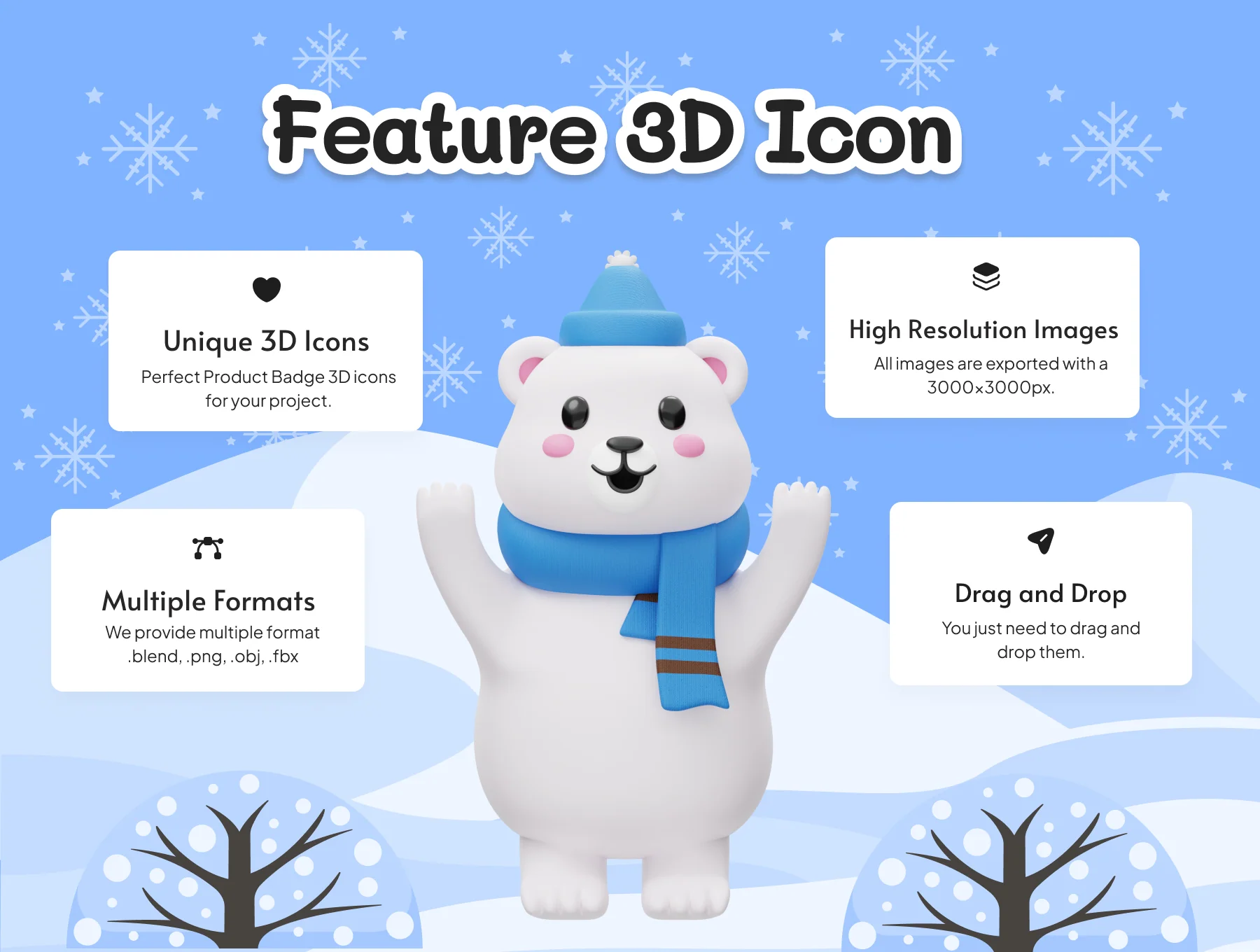 Cute Polar Bear Winter Christmas 3D Illustration Set 2
