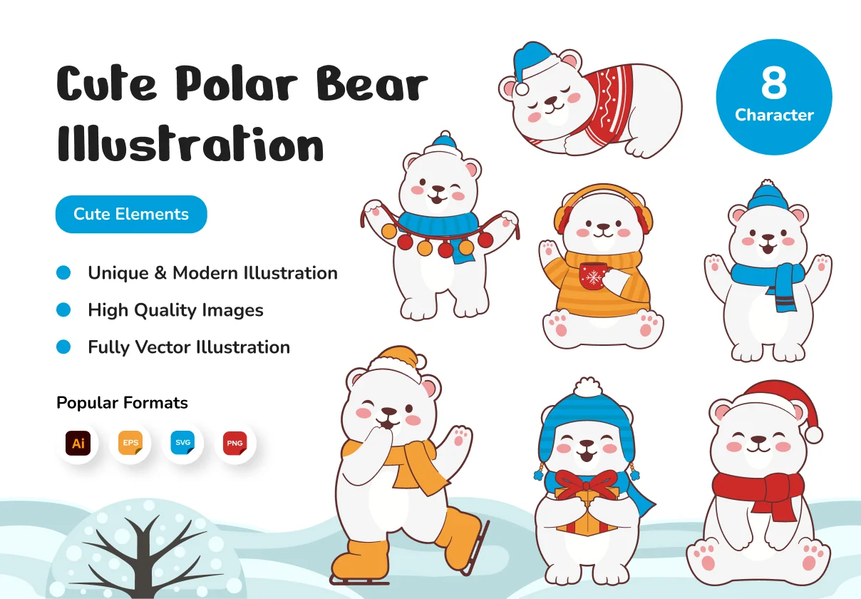 Cute Polar Bear Winter Christmas Illustration Set