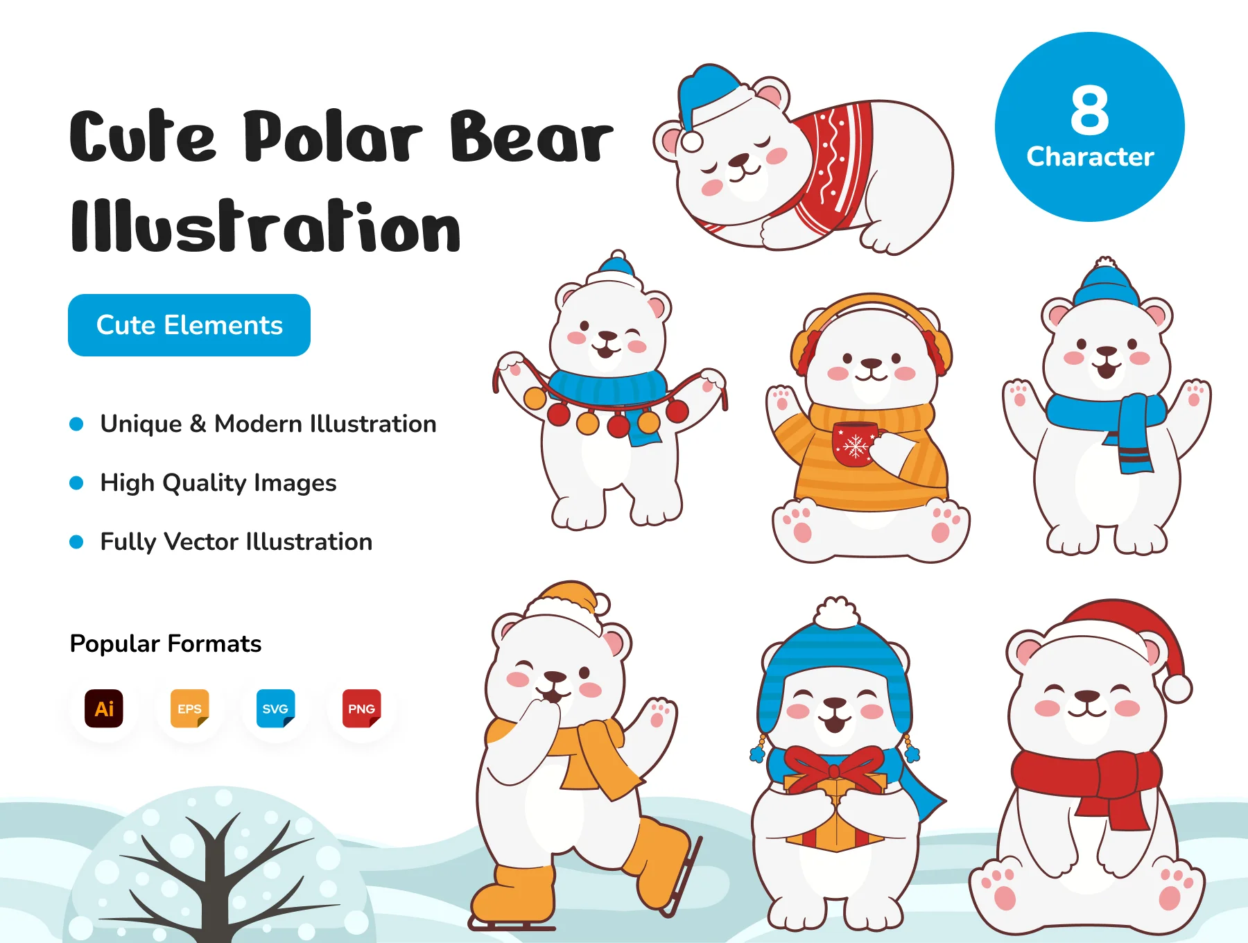 Cute Polar Bear Winter Christmas Illustration Set