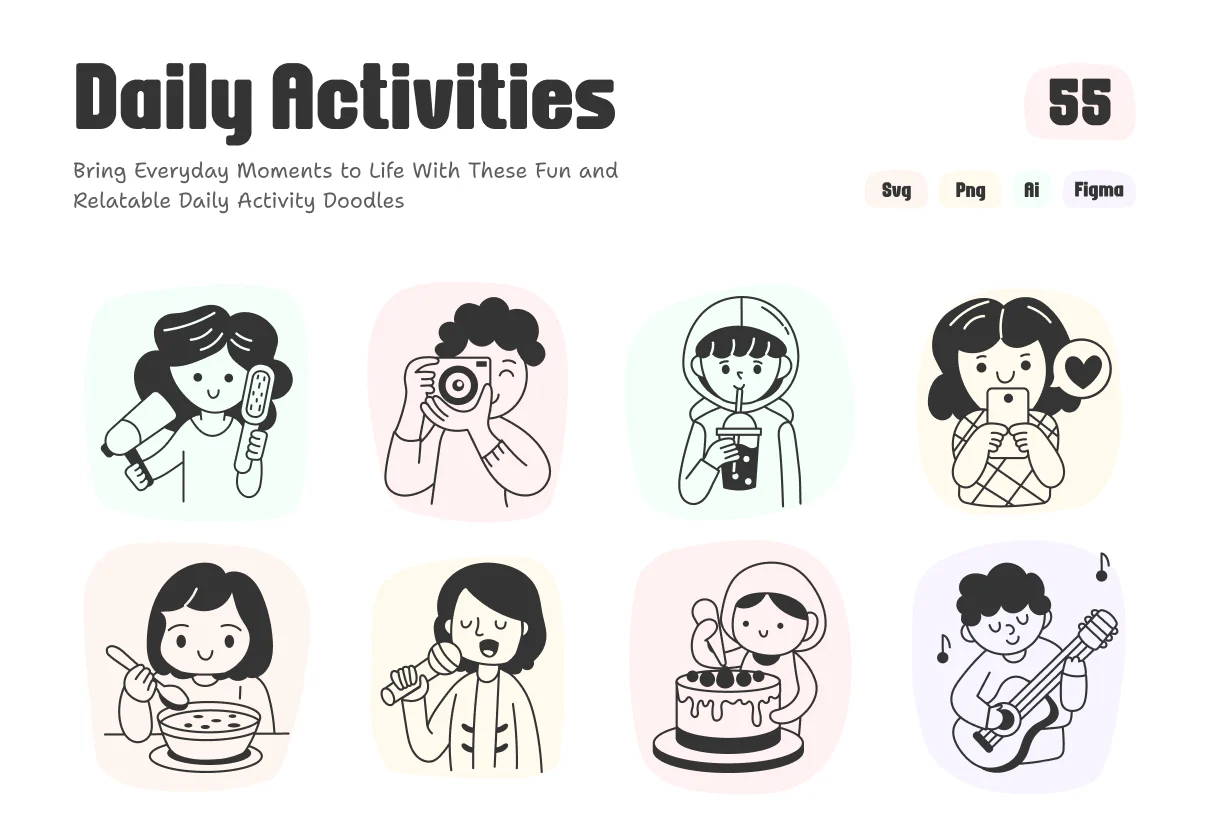 Daily Activities Doodle Illustration Set