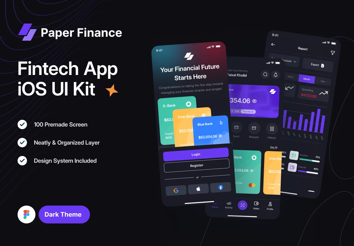 Dark Mode - Paper Finance (Fintech mobile UI Kit)