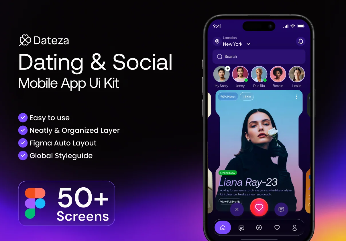 Dateza – Dating & Social Mobile App Figma Template