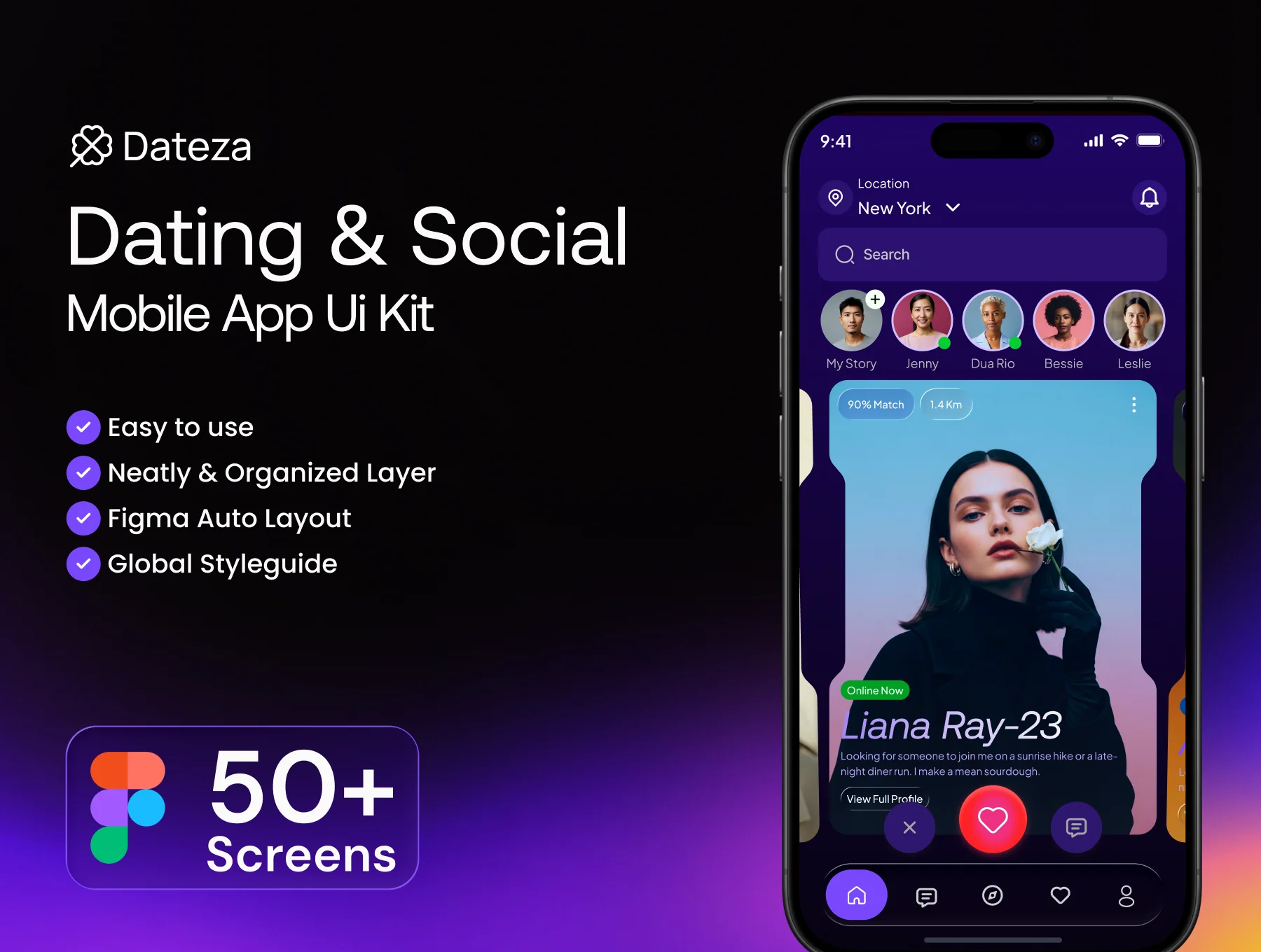 Dateza – Dating & Social Mobile App Figma Template