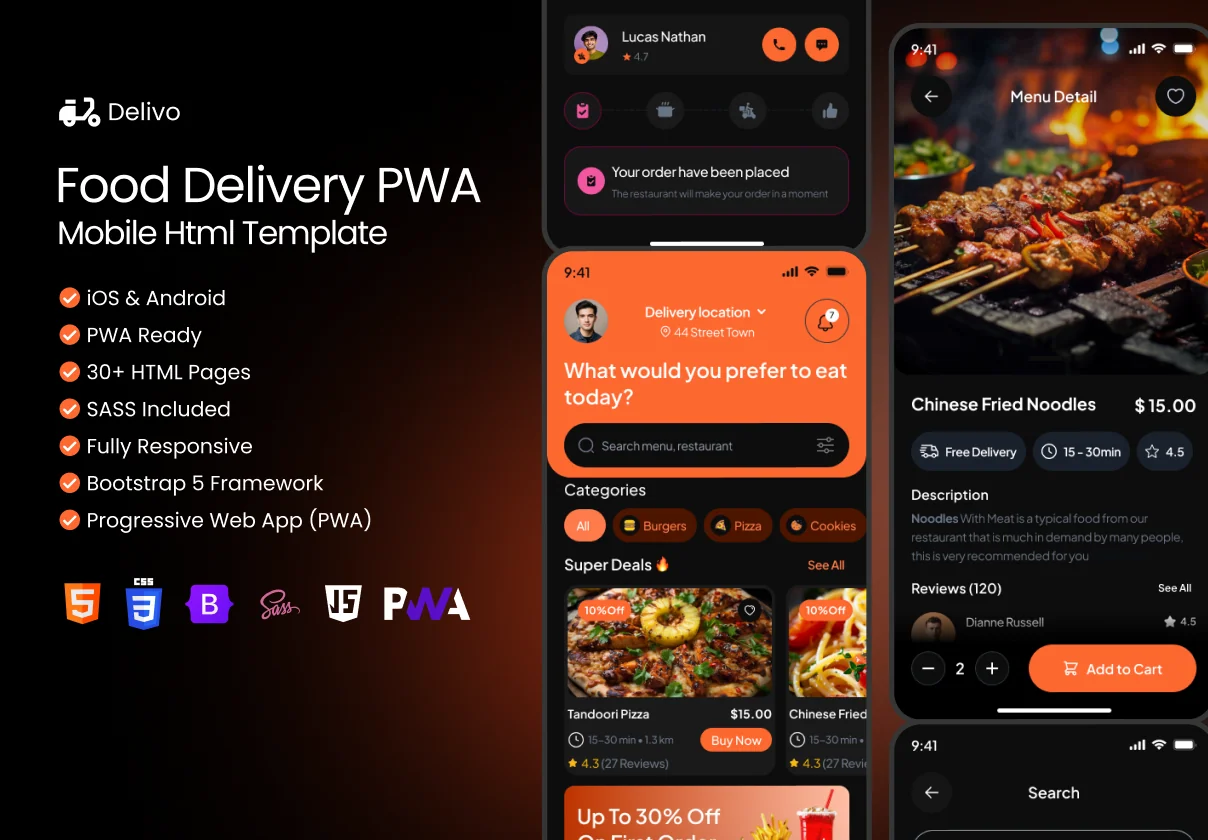 Delivo - Food Delivery PWA Mobile Html Template