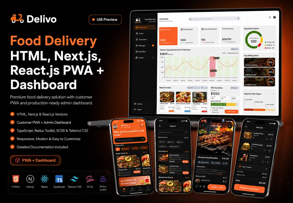 Delivo - Food Delivery HTML, Next.js, React.js PWA Mobile App + Dashboard Admin Panel