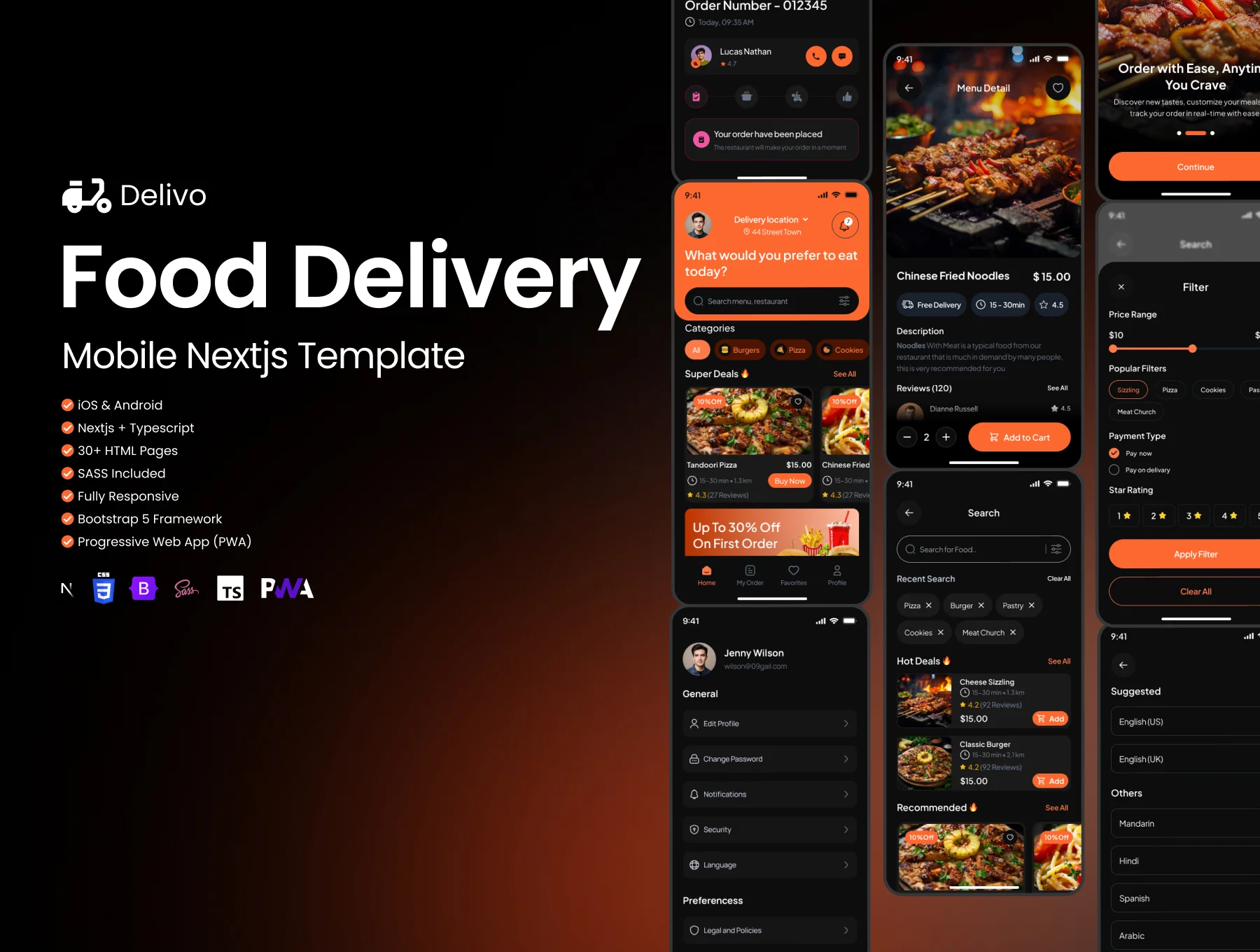Delivo - Food Delivery HTML, Next.js, React.js PWA Mobile App + Dashboard Admin Panel