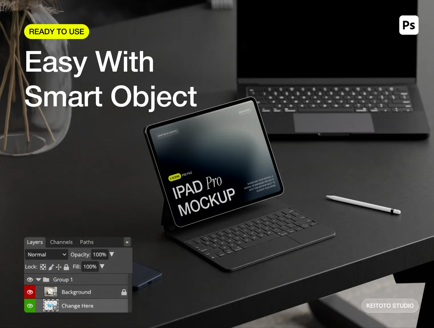 Deskform iPad Pro Mockup Minimal Dark Workspace Set 3