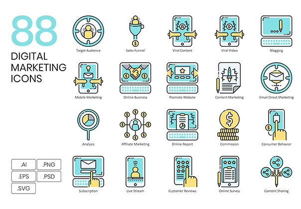 88 Digital Marketing Icons | Aqua Series
