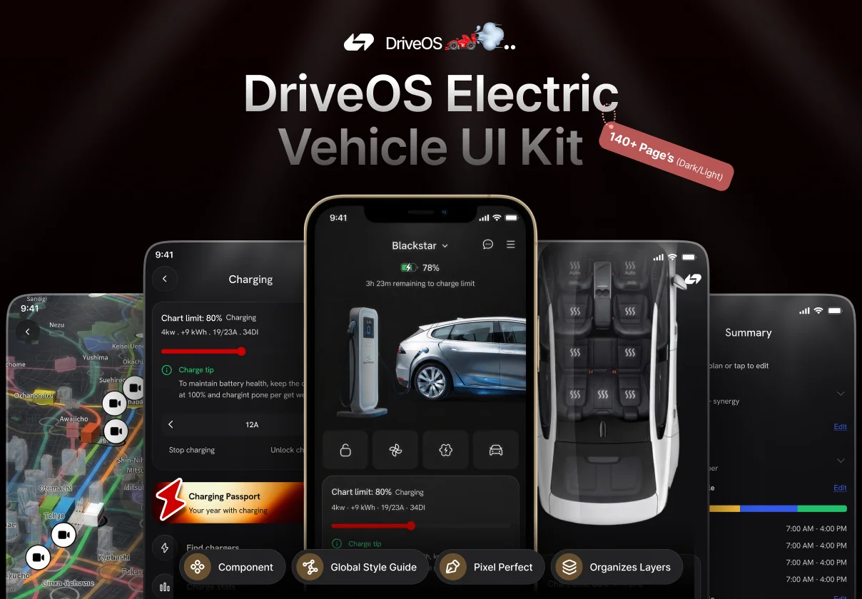 DriveOS – Electric Vehicle UI Kit & Figma Design System