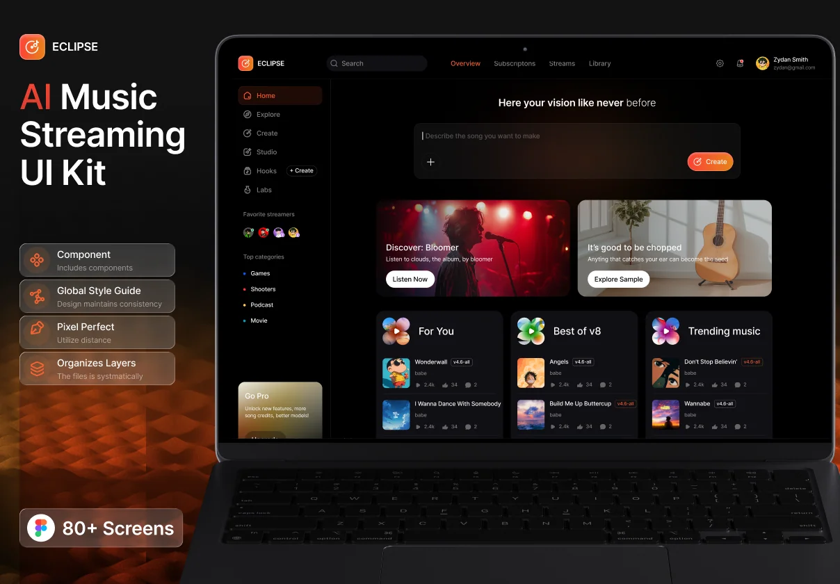 ECLIPSE – AI Music Streaming UI Kit & Figma Design System