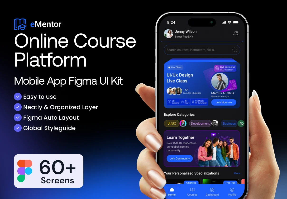 eMentor – Online Course Platform Mobile App Figma UI Kit