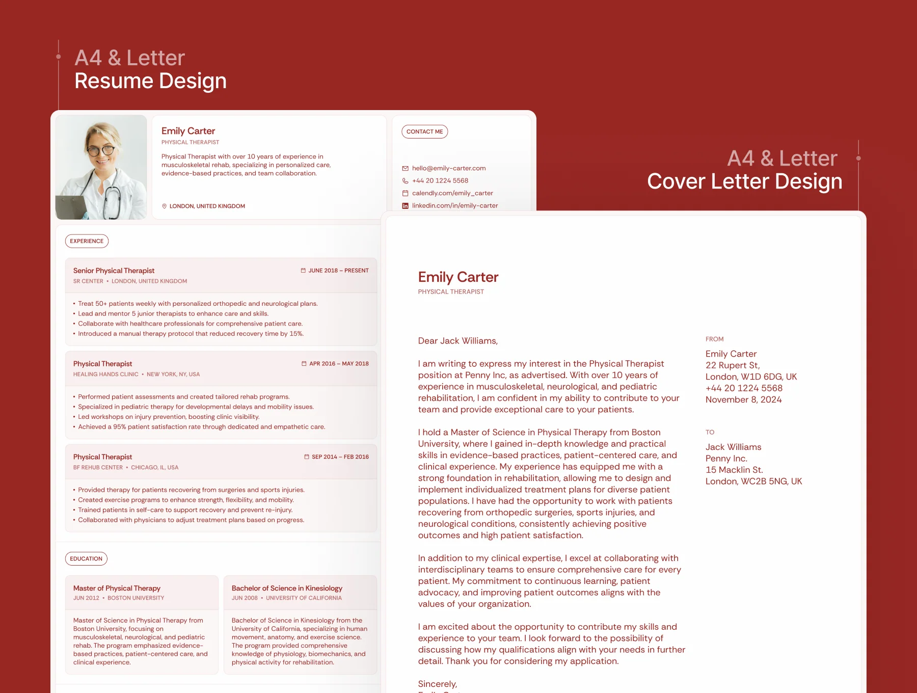 Emily Carter – Medical Resume Website & CV and Cover Letters (A4 & Letter) Design 6