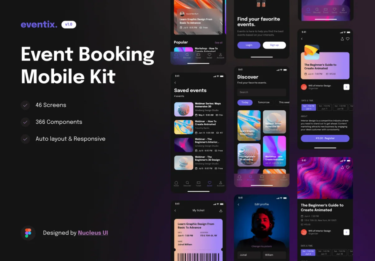 Eventix – Event booking / ticketing mobile app UI kit